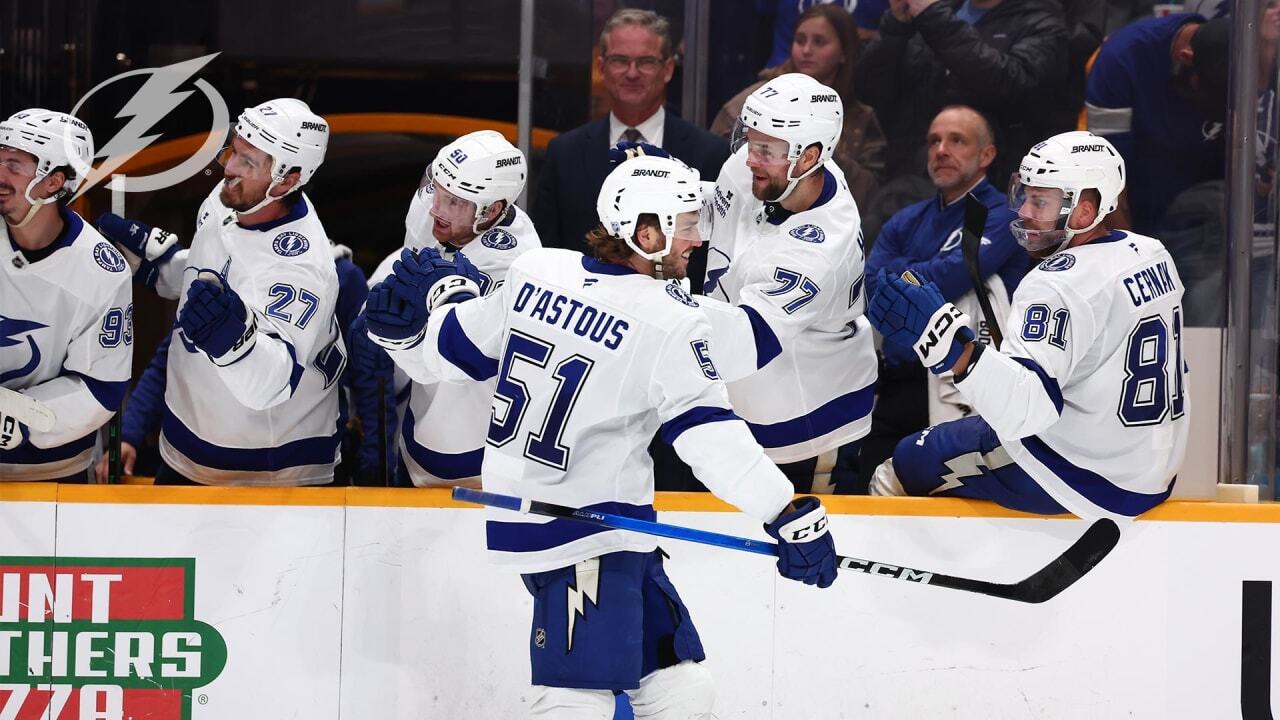 Lightning’s Charle-Edouard D’Astous’ immediate reaction to scoring first NHL goal